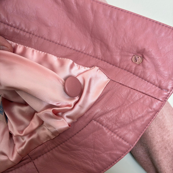 Vintage 80s Danier Pink Suede & Leather Cropped Jacket | Ruffle Collar Statement - Picture 6 of 12